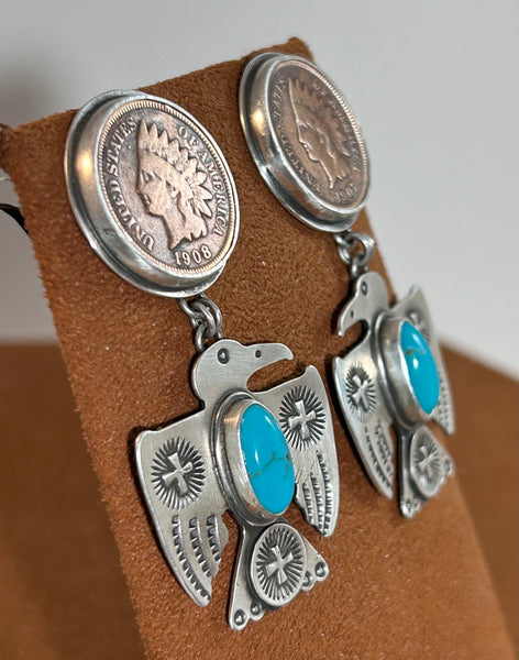 Thunderbird and Vintage Penny Earrings by Dennis Hogan