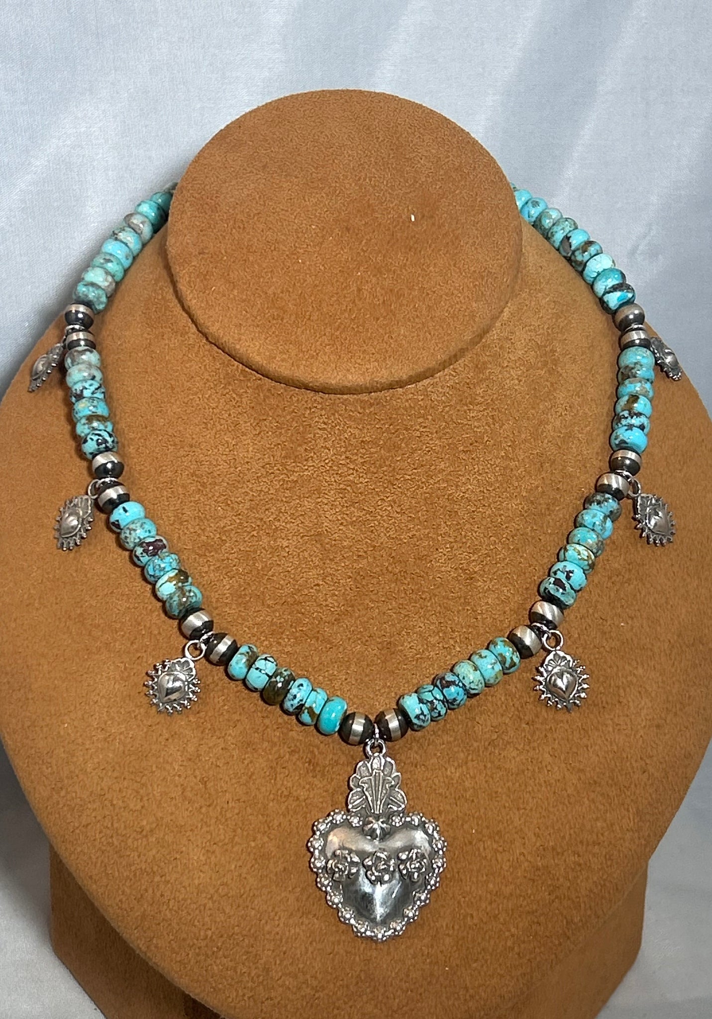 Turquoise Bead Flaming Heart Necklace by Gregory Segura