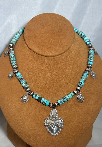 Turquoise Bead Flaming Heart Necklace by Gregory Segura