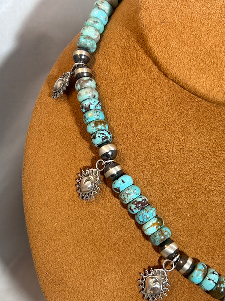 Turquoise Bead Flaming Heart Necklace by Gregory Segura