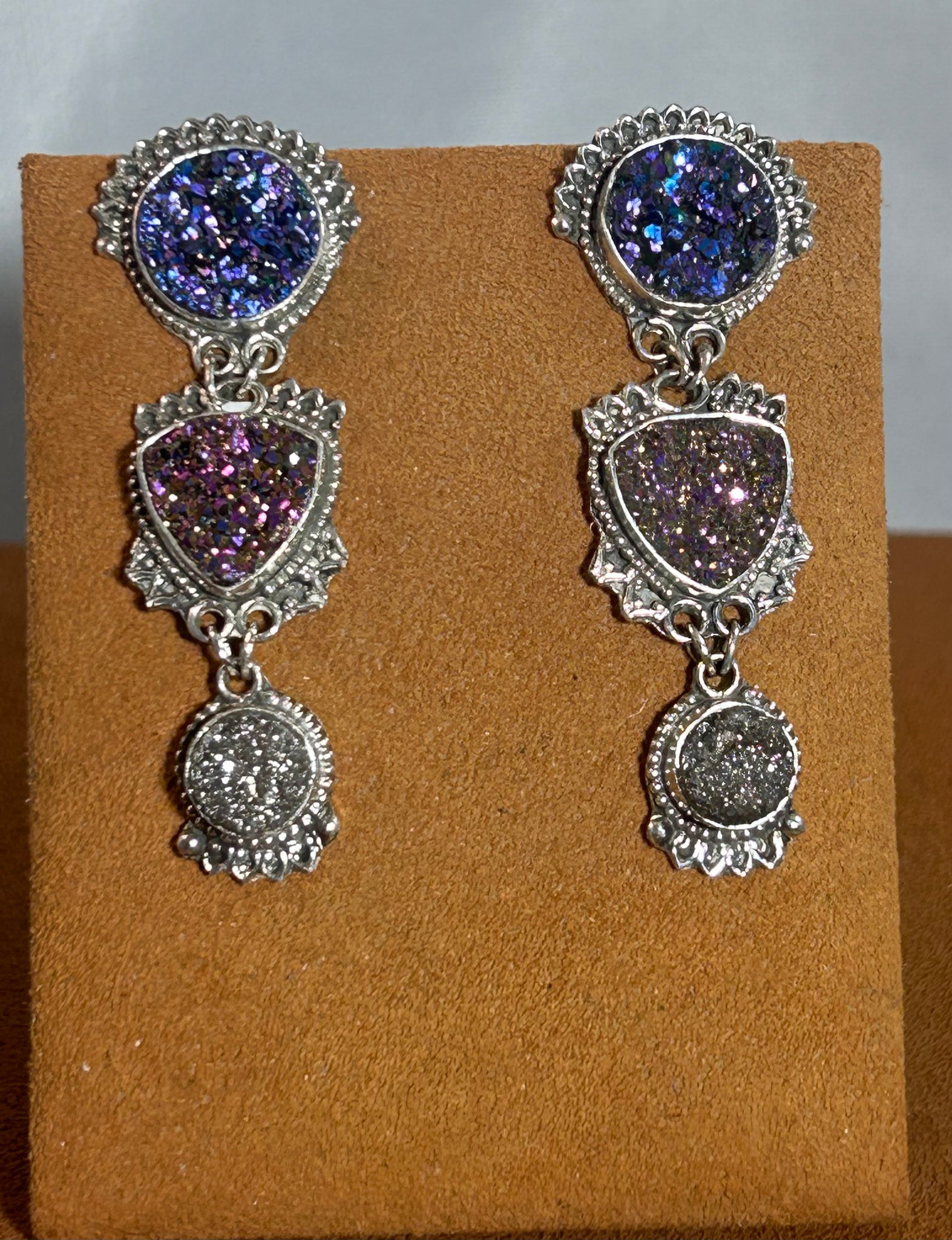 Three Tier Purple Druzy Drop Earrings by  Aldrich Arts