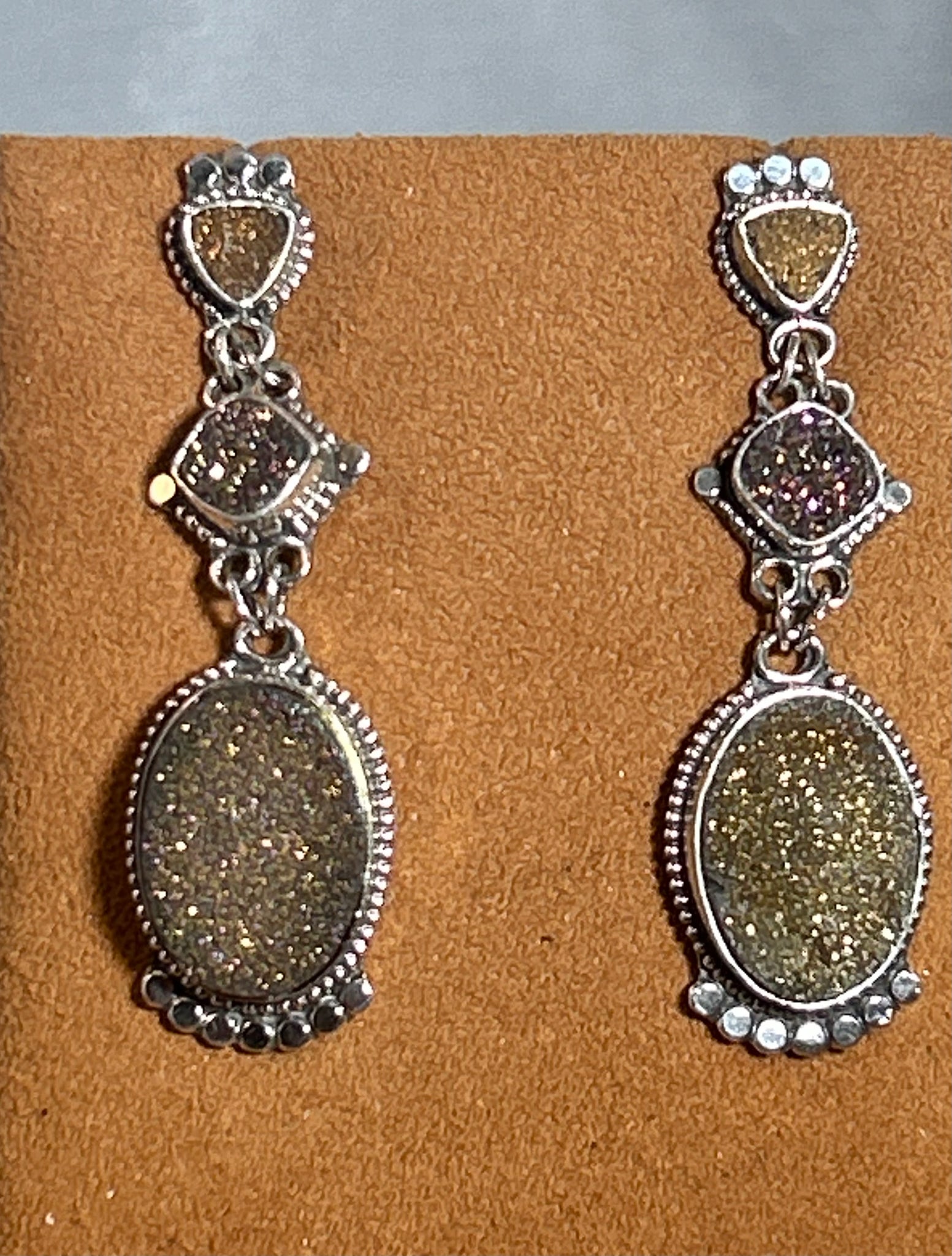 Three Tier Gold Druzy Drop Earrings by  Aldrich Arts