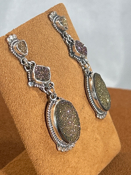 Three Tier Gold Druzy Drop Earrings by  Aldrich Arts
