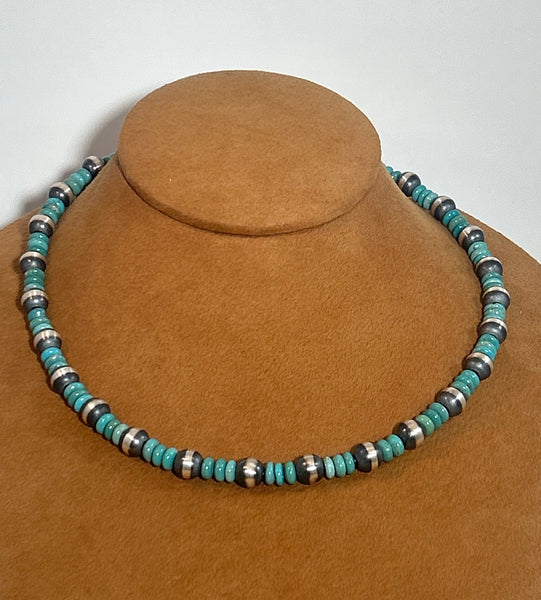 Green Turquoise and Silver Necklace by First American Traders