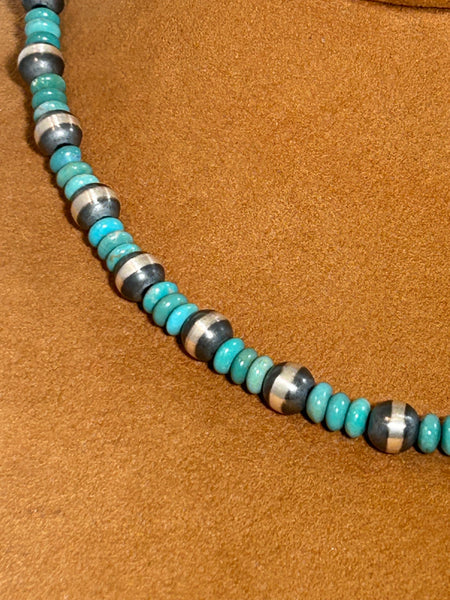 Green Turquoise and Silver Necklace by First American Traders
