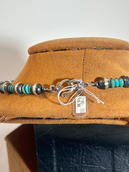 Green Turquoise and Silver Necklace by First American Traders
