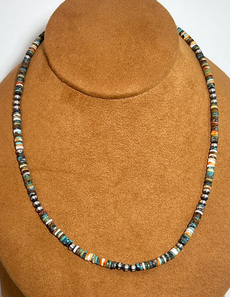 18 Inch Colorful Heishi Necklace with Silver Beads by First American Traders