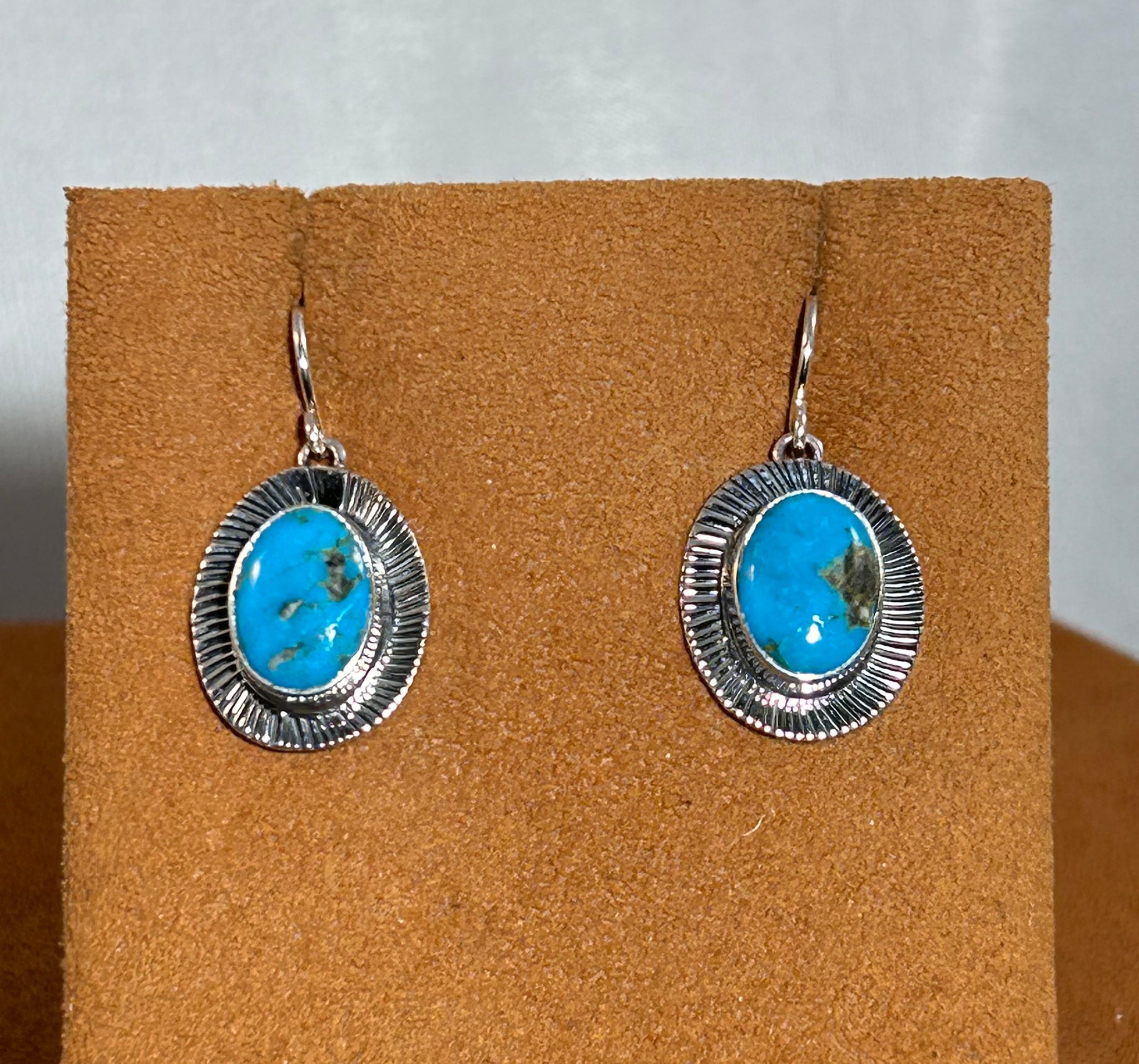Kingman Turquoise Drop Earrings with Etched Border by Kevin Randall Studios