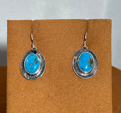 Kingman Turquoise Drop Earrings with Etched Border by Kevin Randall Studios