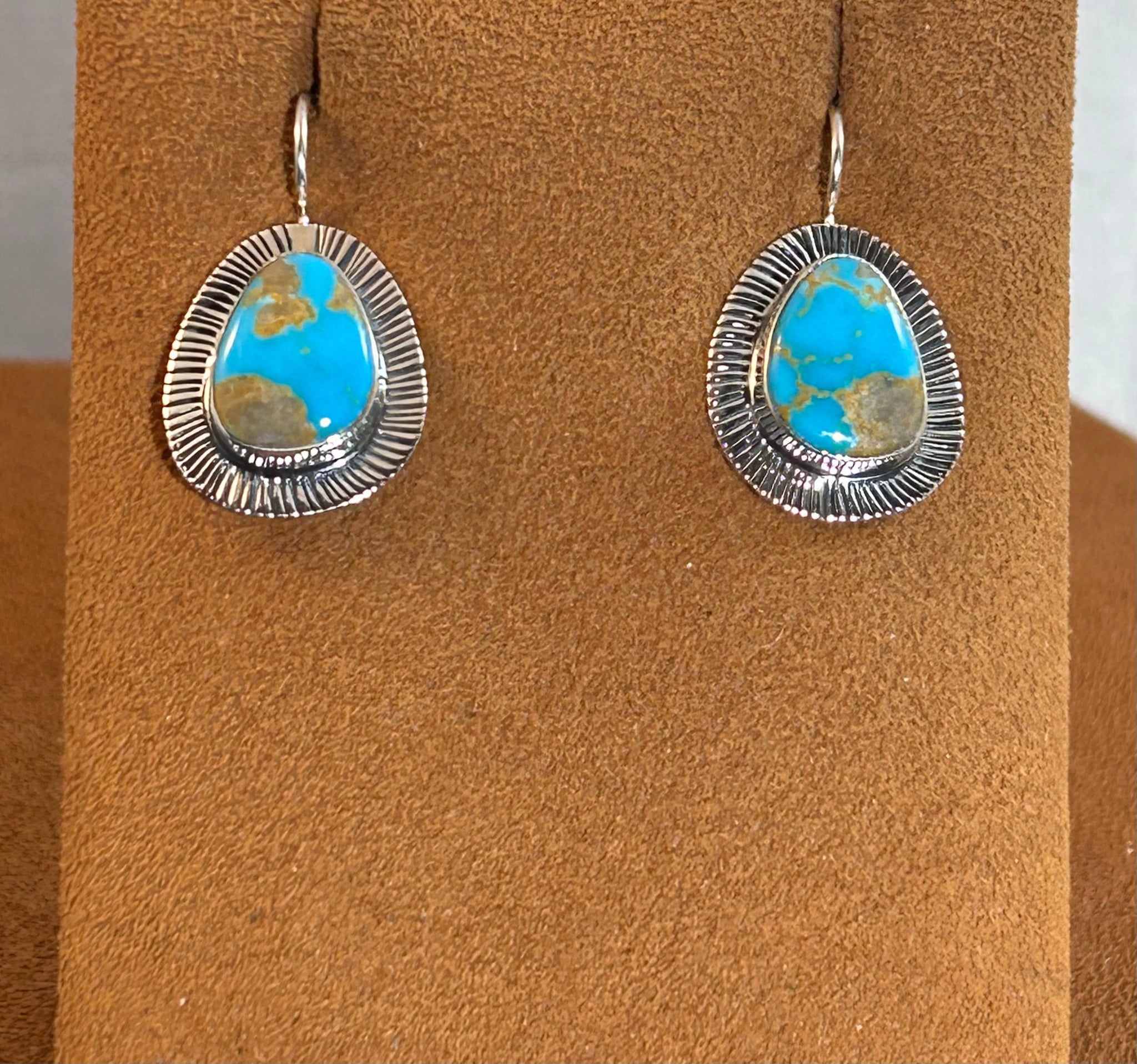 Kingman Turquoise Drop Earrings with Etched Border by Kevin Randall Studios