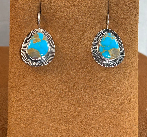 Kingman Turquoise Drop Earrings with Etched Border by Kevin Randall Studios