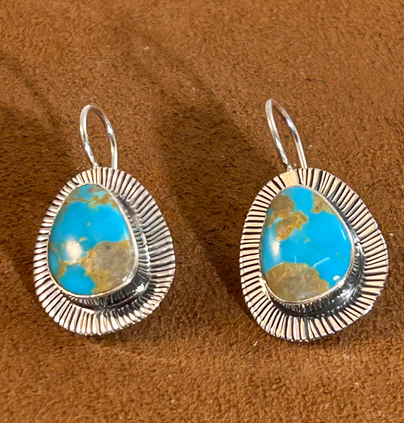 Kingman Turquoise Drop Earrings with Etched Border by Kevin Randall Studios