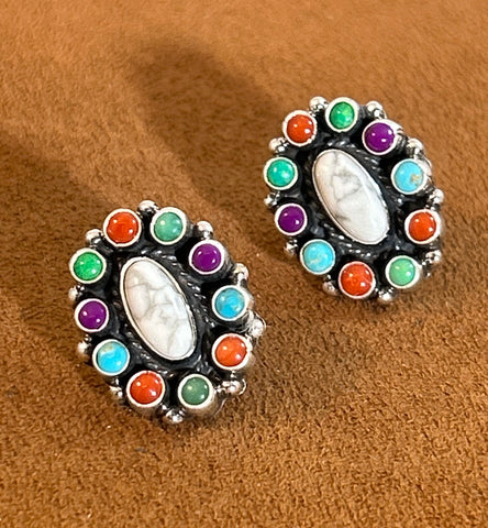 Howlite and Multi Stone Oval Cluster Earrings by Don Lucas