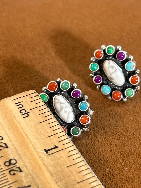 Howlite and Multi Stone Oval Cluster Earrings by Don Lucas