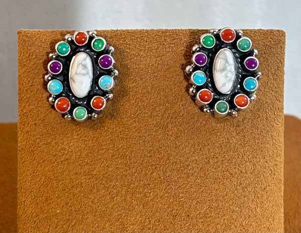 Howlite and Multi Stone Oval Cluster Earrings by Don Lucas