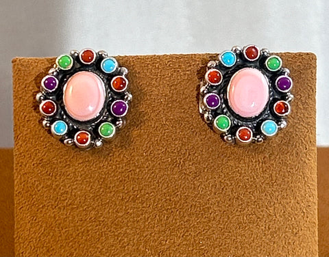 Pink Conch and Multi-Stone Cluster Earrings by Don Lucas