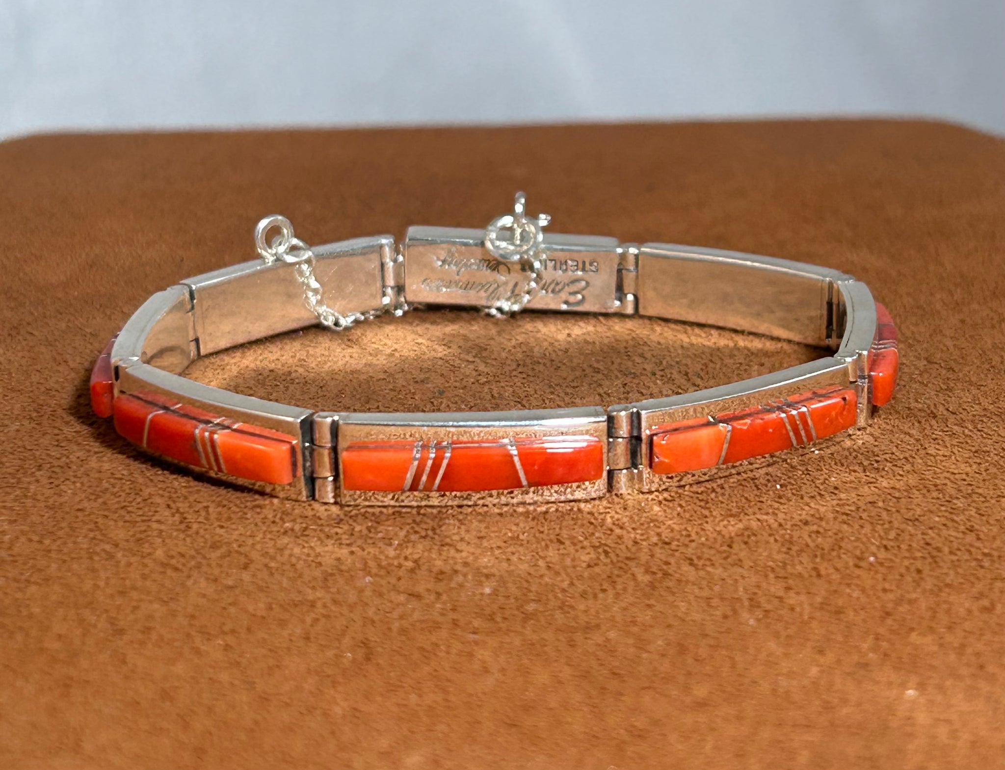 Coral Inlay Hinge Bracelet by Earl Plummer