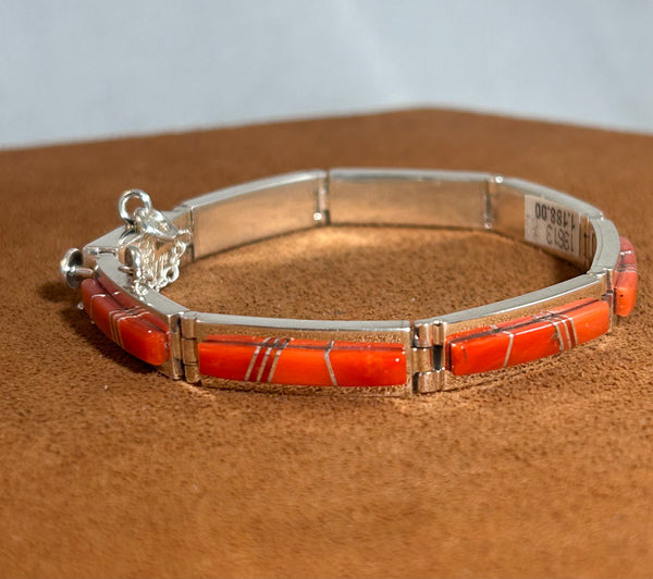Coral Inlay Hinge Bracelet by Earl Plummer