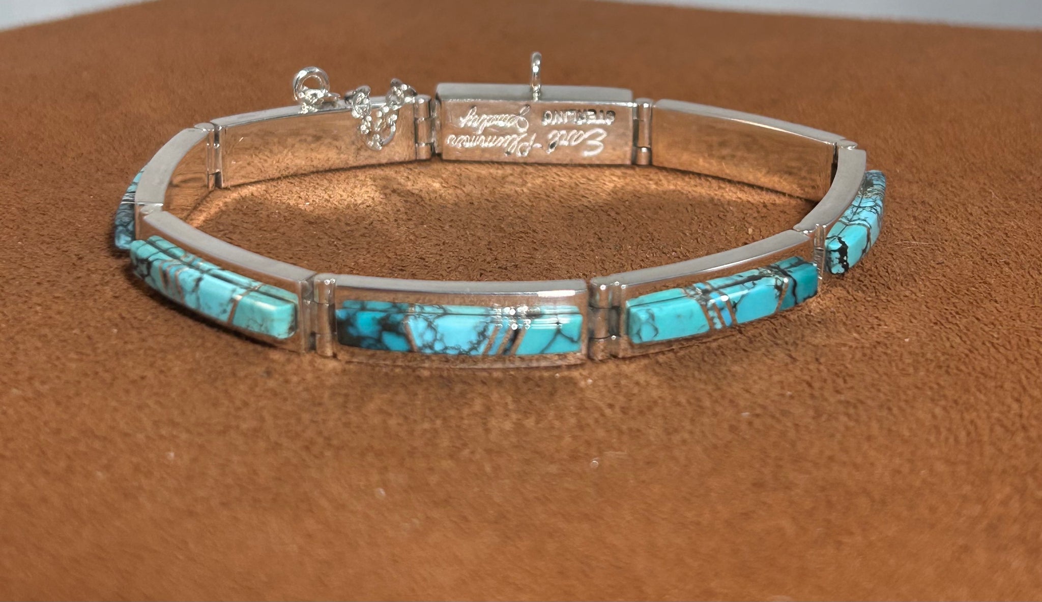 Spiderweb Turquoise Inlay Hinge Bracelet by Earl Plummer