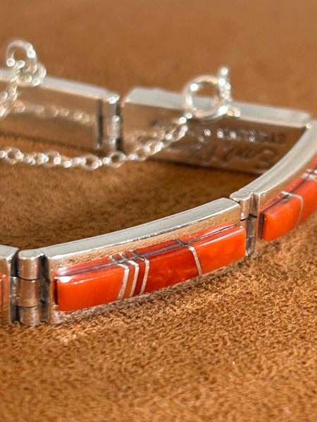 Coral Inlay Hinge Bracelet by Earl Plummer
