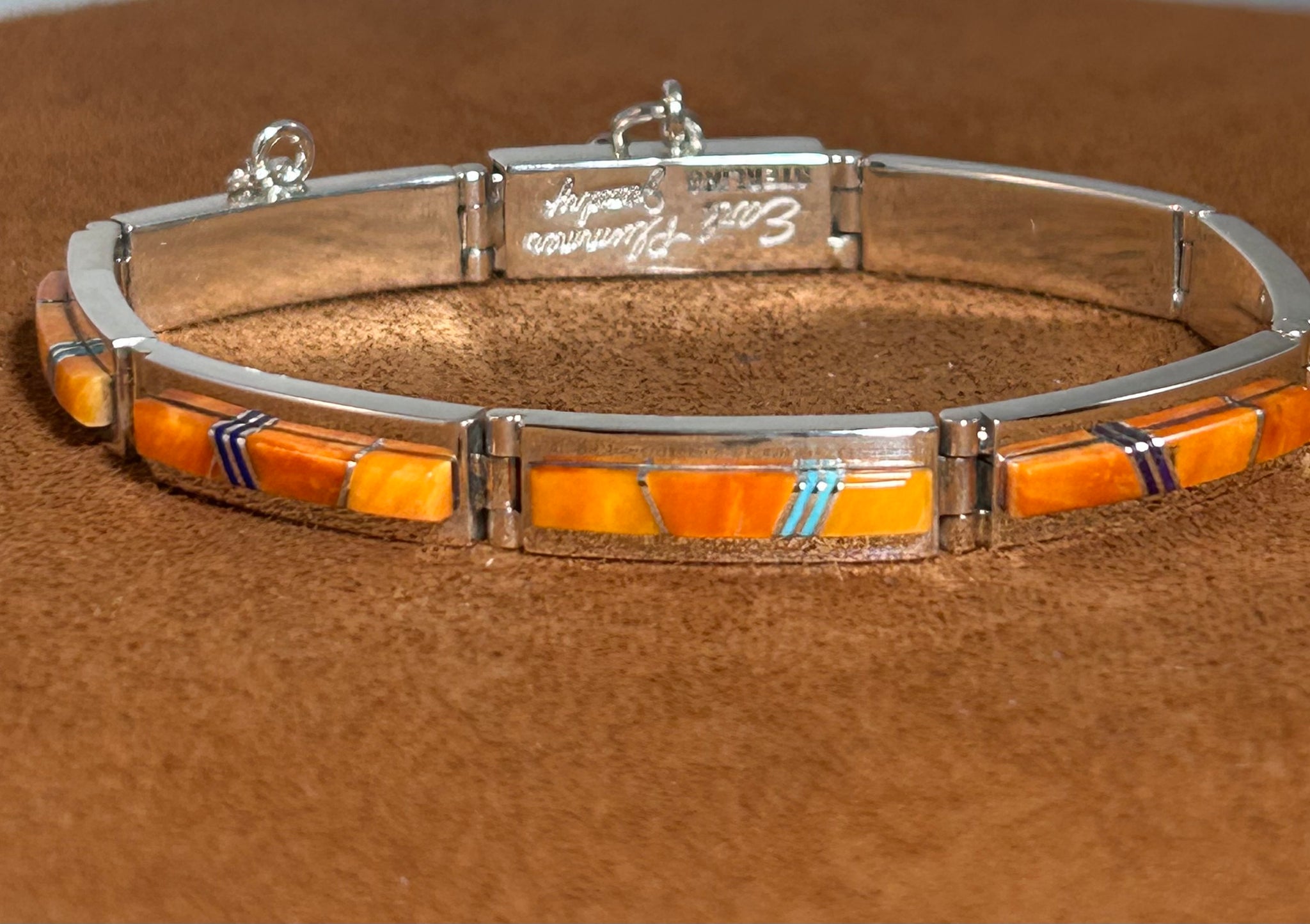 Orange Spiny Oyster Inlay Hinge Bracelet by Earl Plummer