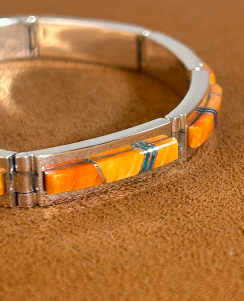 Orange Spiny Oyster Inlay Hinge Bracelet by Earl Plummer