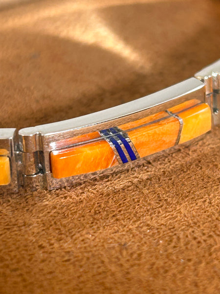 Orange Spiny Oyster Inlay Hinge Bracelet by Earl Plummer