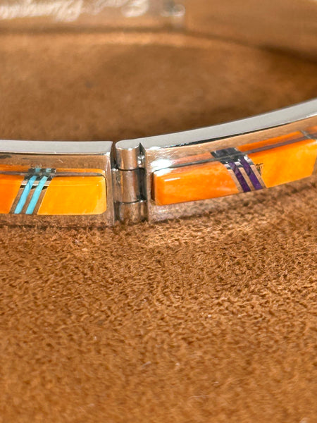 Orange Spiny Oyster Inlay Hinge Bracelet by Earl Plummer