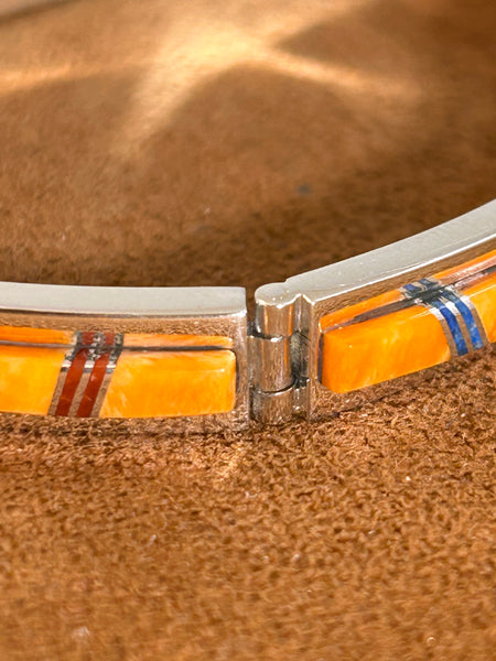 Orange Spiny Oyster Inlay Hinge Bracelet by Earl Plummer