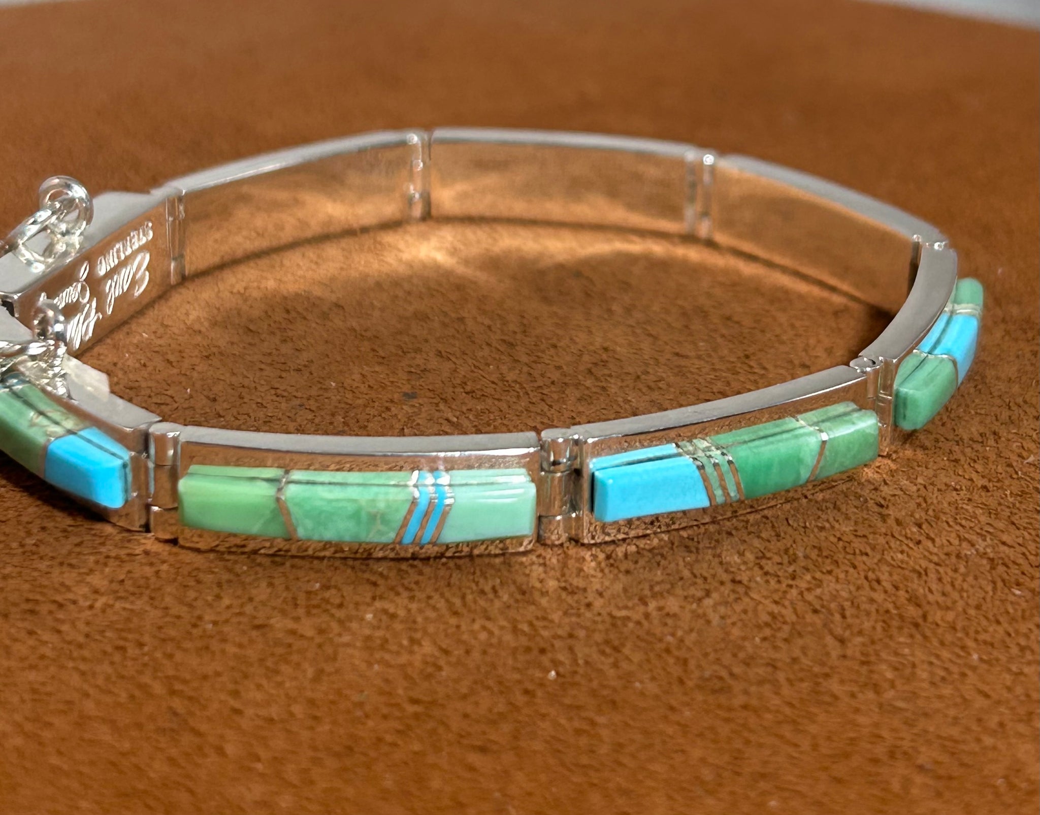 Green and Blue Turquoise Inlay Hinge Bracelet by Earl Plummer