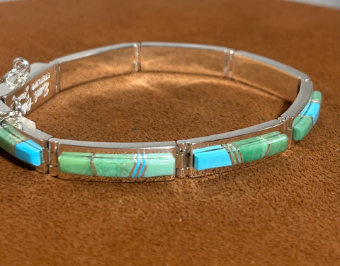 Green and Blue Turquoise Inlay Hinge Bracelet by Earl Plummer