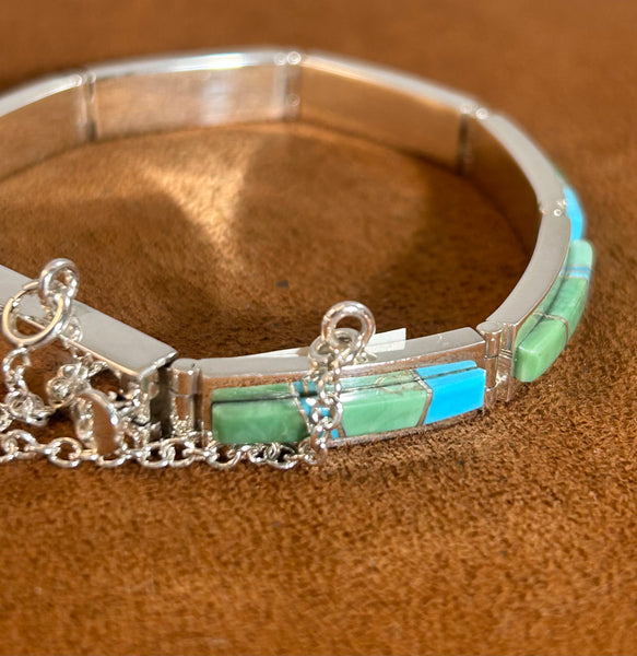 Green and Blue Turquoise Inlay Hinge Bracelet by Earl Plummer