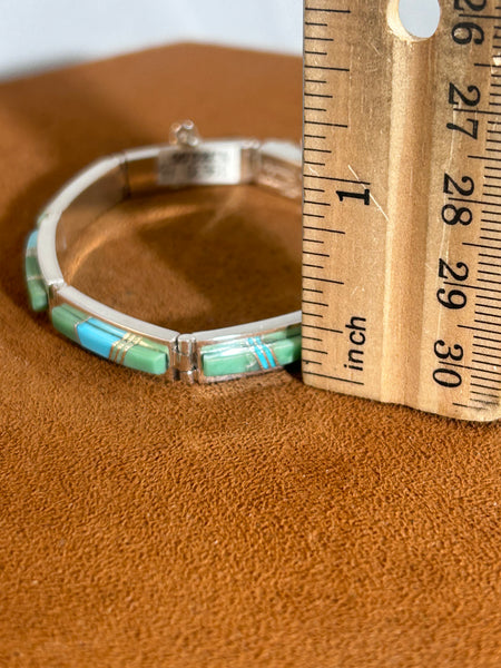 Green and Blue Turquoise Inlay Hinge Bracelet by Earl Plummer