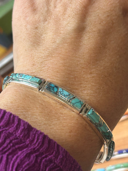 Spiderweb Turquoise Inlay Hinge Bracelet by Earl Plummer