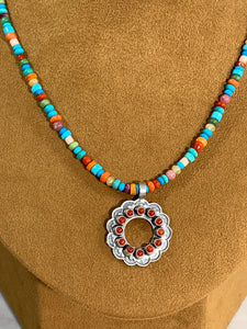 Multi Stone Single Strand Necklace with Coral Circle by Don Lucas
