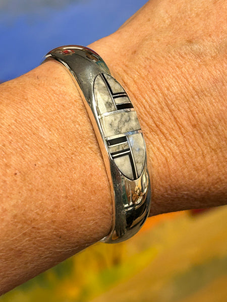 White Buffalo Inlay Hinge Bracelet by First American Traders