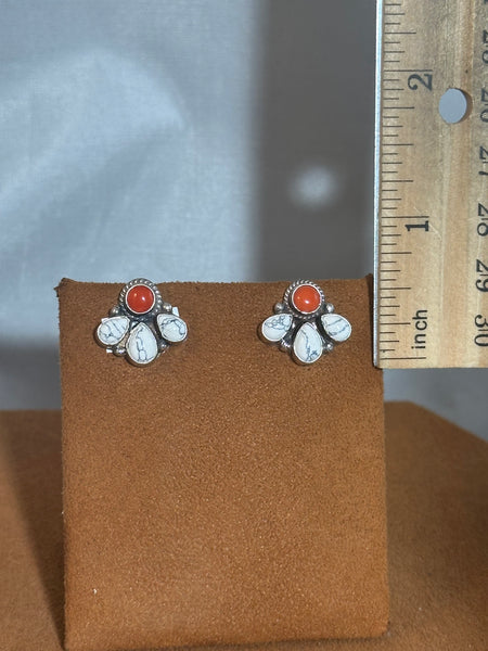 Howlite and Coral Fan post Earrings by Don Lucas