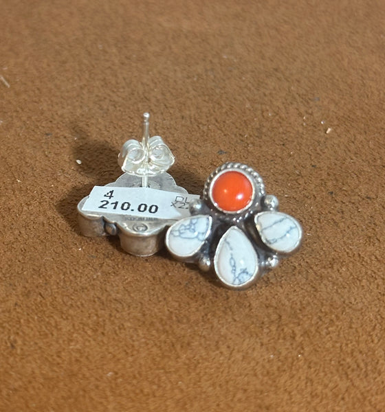 Howlite and Coral Fan post Earrings by Don Lucas