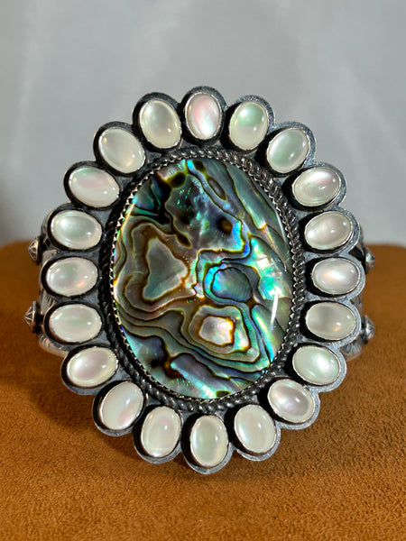 Abalone and Mother of Pearl Cluster Cuff by Travis Teller