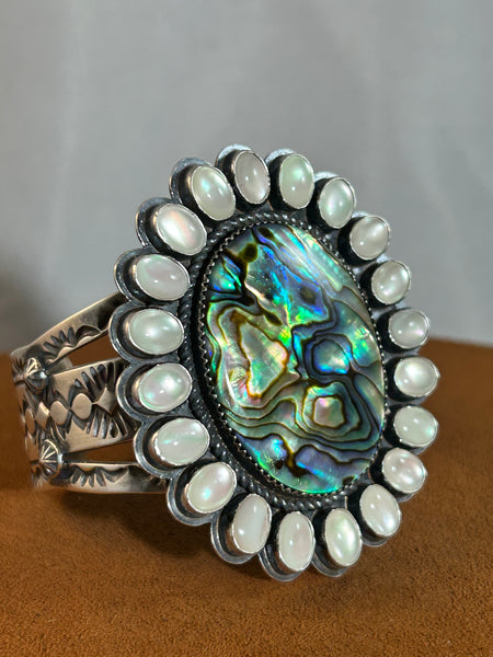 Abalone and Mother of Pearl Cluster Cuff by Travis Teller