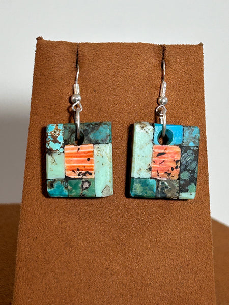 Square Turquoise and Orange Spiny Oyster Mosaic Earrings by Jimmy White