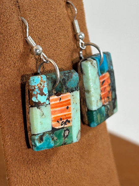 Square Turquoise and Orange Spiny Oyster Mosaic Earrings by Jimmy White