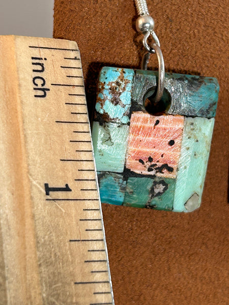 Square Turquoise and Orange Spiny Oyster Mosaic Earrings by Jimmy White