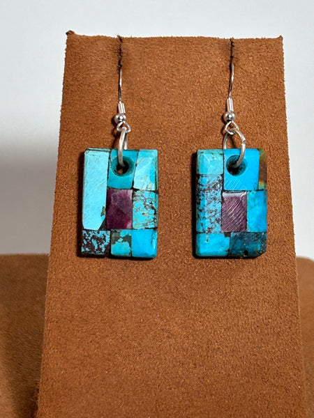 Square Turquoise and Purple Spiny Oyster Mosaic Earrings by Jimmy White
