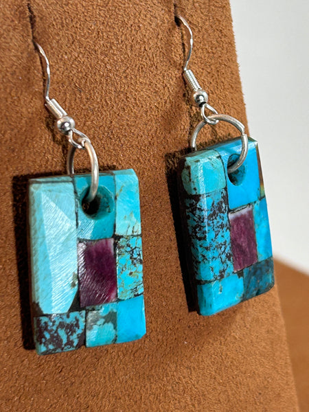 Square Turquoise and Purple Spiny Oyster Mosaic Earrings by Jimmy White