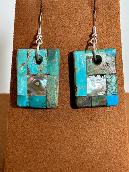 Square Turquoise and Abalone Mosaic Earrings by Jimmy White