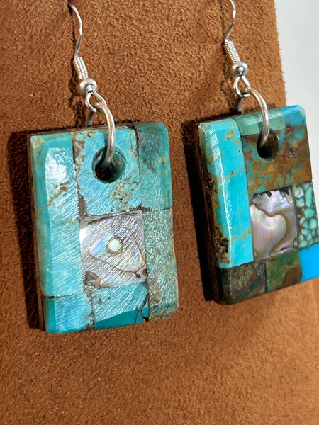 Square Turquoise and Abalone Mosaic Earrings by Jimmy White