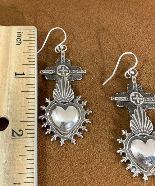 Flaming Heart and Cross Earrings by Gregory Segura
