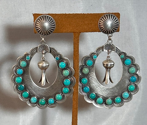 Large Green Turquoise Hoop Earring with Blossom by Dennis Hogan