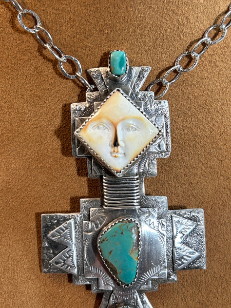 Carved Bone and Turquoise Pendant on Chain by Teresa Archibeque